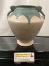 Antique 1915 Roseville Double Handled Vase, Teal on Cream Drip Glaze, 7.5 inch tall