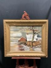 Vintage Framed Original Oil Painting of Winter Farm in Snow. Unsigned. Measures 36" x 31.5" See
