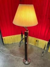 Vintage Minimalist Wood & Metal Floor Bridge Lamp w/ Cream Fabric Shade. Tested, Works. As Is. See