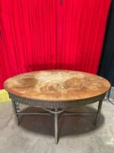 Vintage Oblong Oval Hallway or Side Table w/ Tiger Oak Top & Brass Painted Wicker Base. See pics.