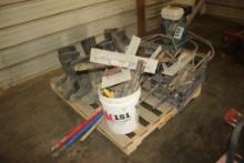 Concrete Tools on Pallet, Rakes, & Boots, Form Stakes