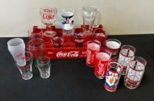 17 Various Coca-Cola Glasses & Plastic Crate