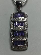 .925 A A A 1/8" Top Quality Handset Amethyst & White Topaz Bar Pendant On .925 Chain 
