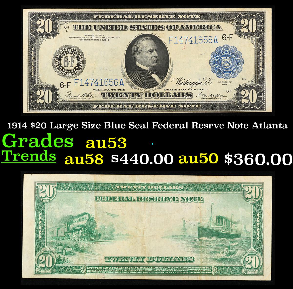 1914 $20 Large Size Blue Seal Federal Resrve Note Grades Select AU Atlanta