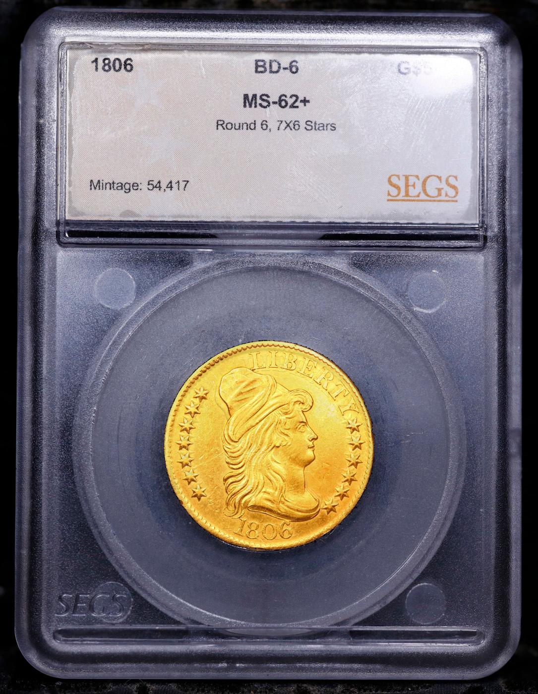 ***Auction Highlight*** 1806 Draped Bust Gold Half Eagle $5 Round 6, 7X6 Stars BD-6 Graded ms62+ BY