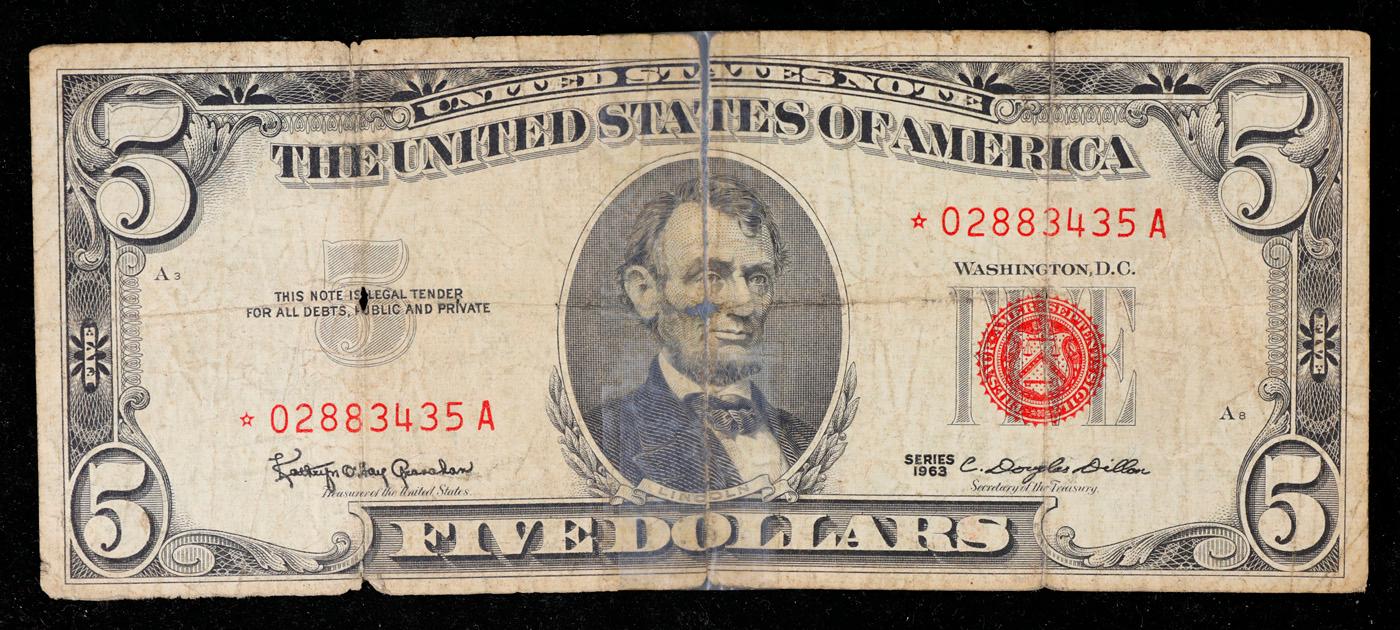 **Star Note** 1963 $5 Red Seal United States Note Grades f details