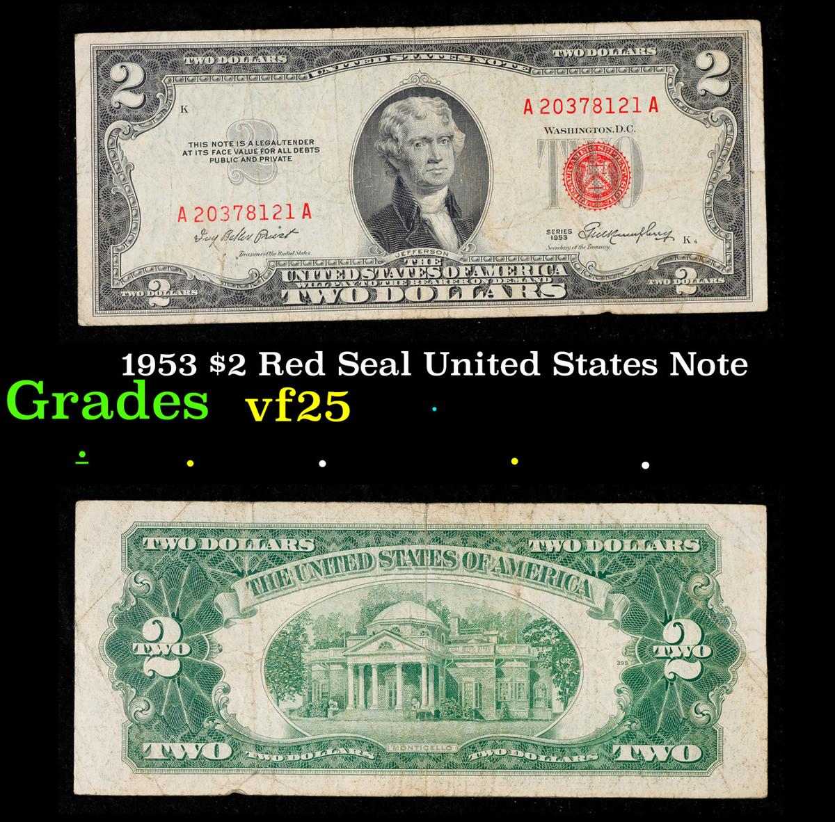 1953 $2 Red Seal United States Note Grades vf+