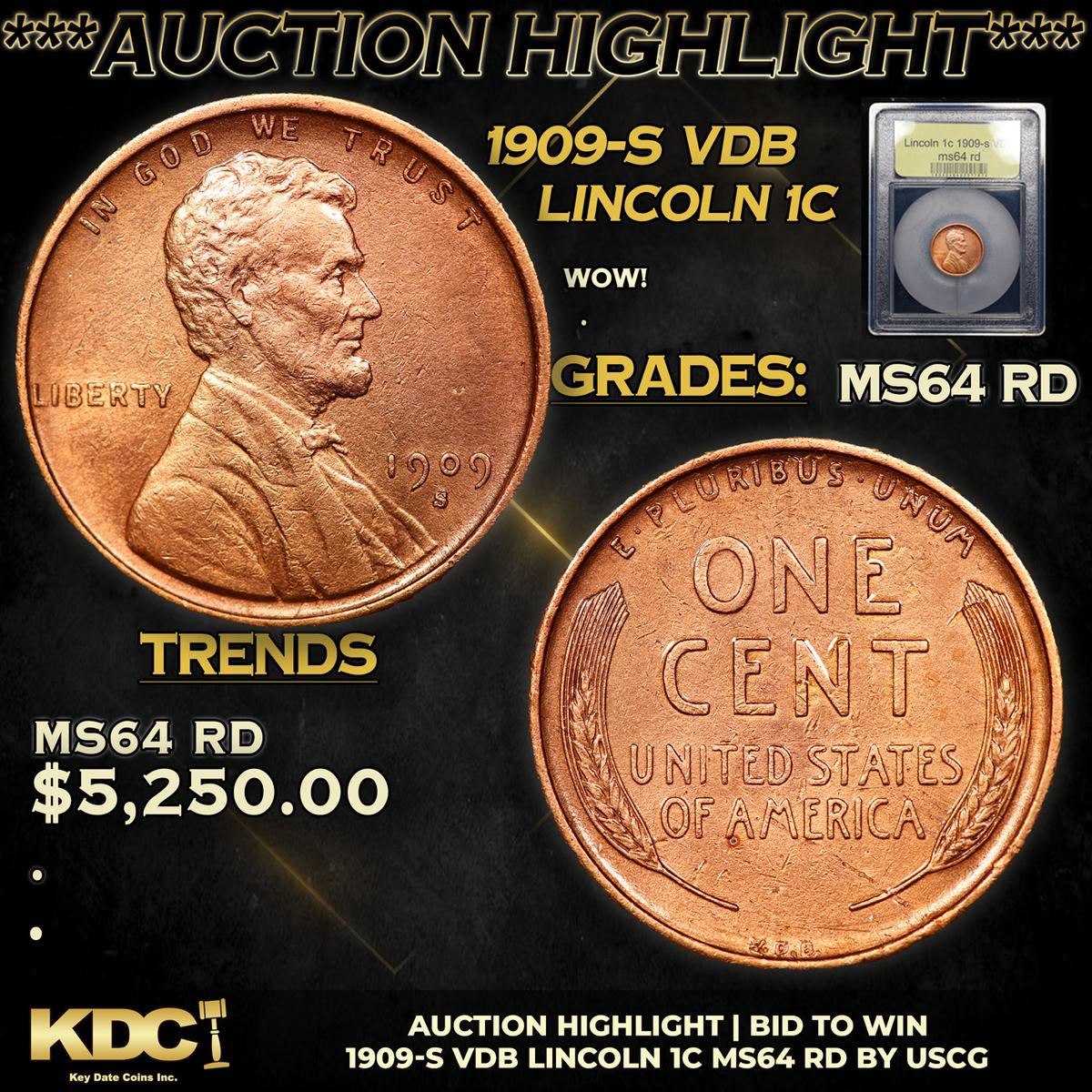 ***Auction Highlight*** 1909-s VDB Lincoln Cent 1c Graded Choice Unc RD By USCG (fc)