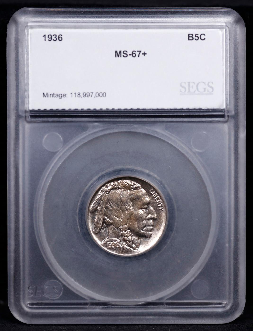 ***Auction Highlight*** 1936-p Buffalo Nickel Near Top Pop! 5c Graded ms67+ By SEGS (fc)