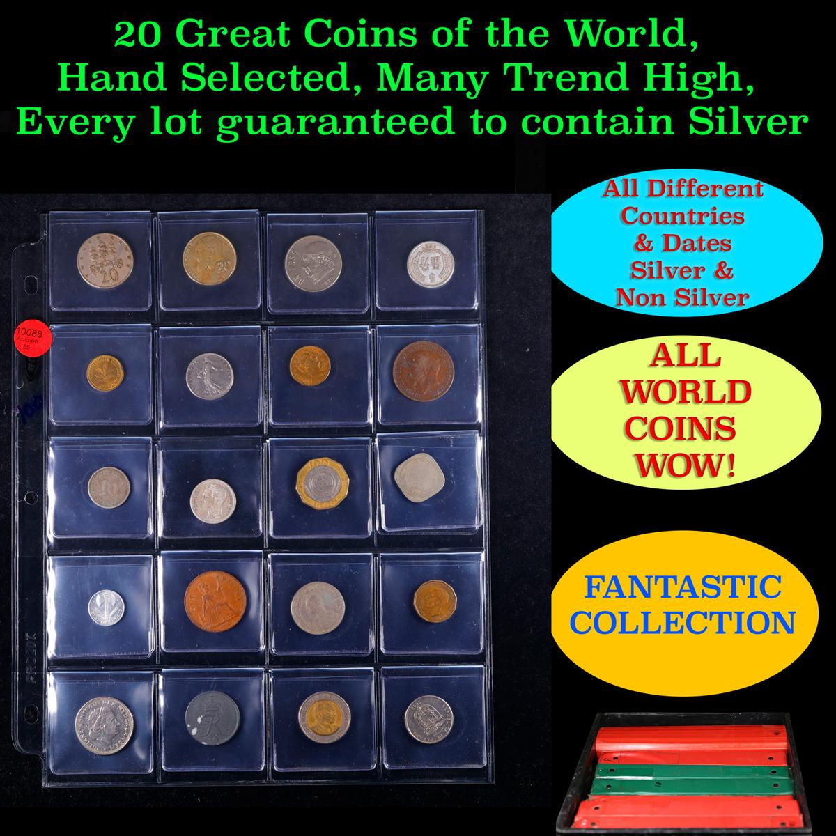 20 Great Coins of the World, hand selected, many trend high, every lot guaranteed to contain Silver.