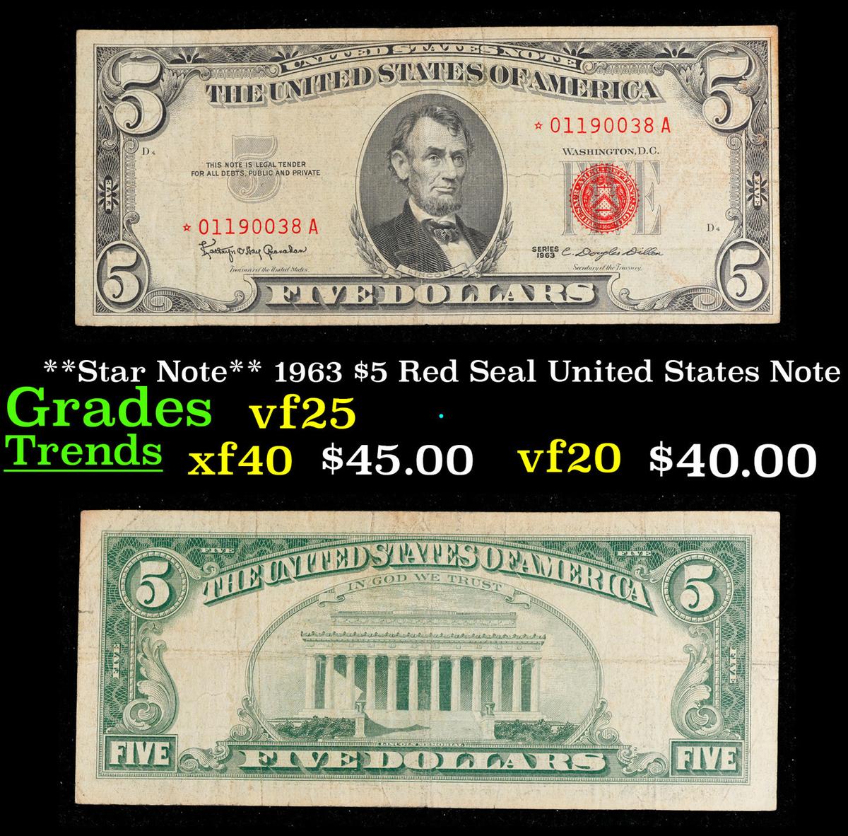 **Star Note** 1963 $5 Red Seal United States Note Grades vf+