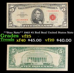 **Star Note** 1963 $5 Red Seal United States Note Grades vf+