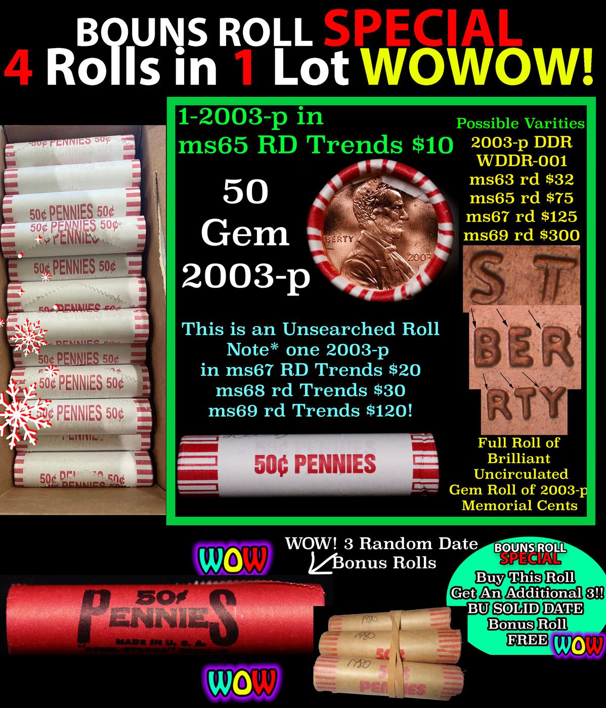 THIS AUCTION ONLY! BU Shotgun Lincoln 1c roll, 2003-p 50 pcs Plus THREE bonus random date BU roll! B