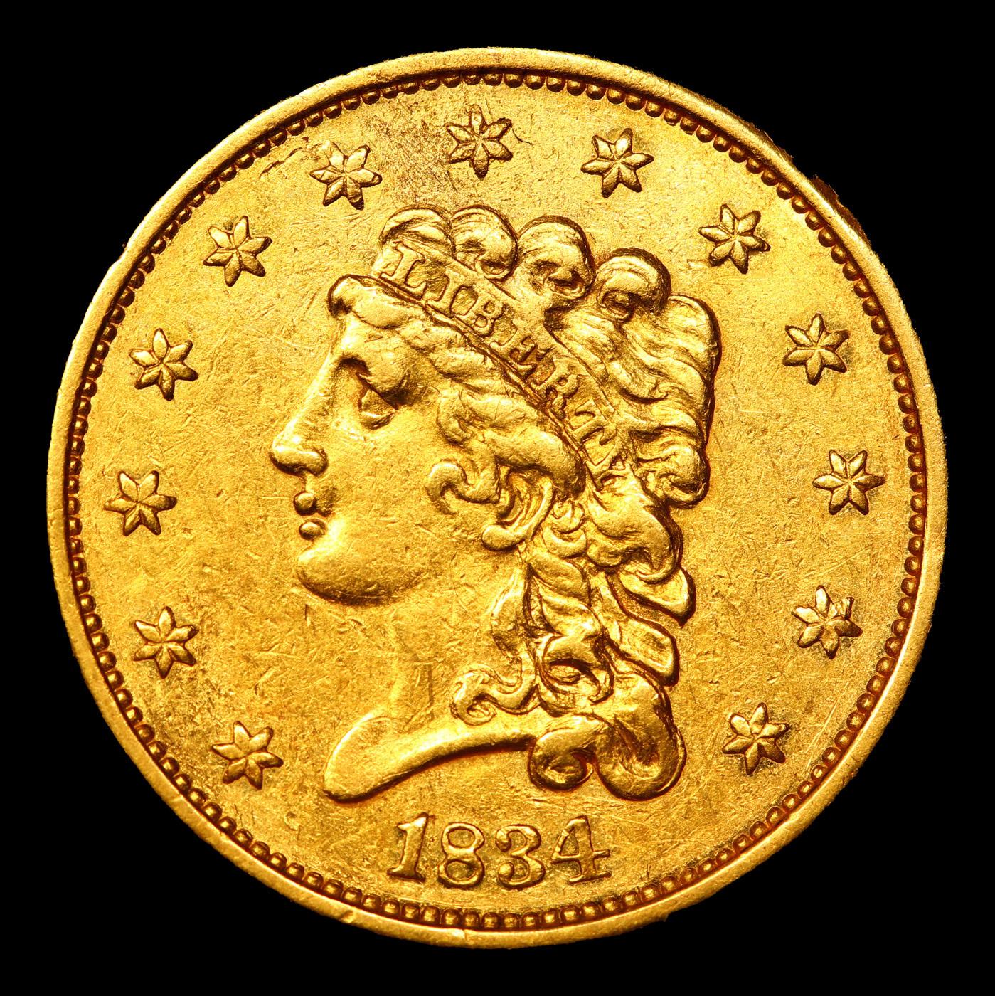 ***Auction Highlight*** 1834 Classic 1834 Classic Head Quarter Eagle Gold $2 1/2 Graded au58 BY SEGS