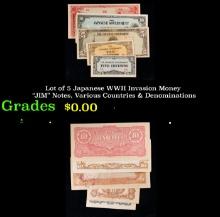 Lot of 5 Japanese WWII Invasion Money "JIM" Notes, Various Countries & Denominations Grades