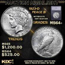***Auction Highlight*** 1923-d Peace Dollar $1 Graded ms64+ BY SEGS (fc)