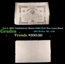 Oct 3, 1862 Confederate States $100 Civil War Loan Bond Grades