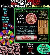 1-10 FREE BU RED Penny rolls with win of this 1991-p SOLID RED BU Lincoln 1c roll incredibly FUN whe