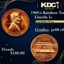 Proof 1969-s Lincoln Cent Rainbow Toned 1c Grades Gem++ Proof Red