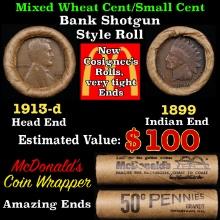 Small Cent Mixed Roll Orig Brandt McDonalds Wrapper, 1913-d Lincoln Wheat end, 1899 Indian other end