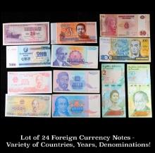 Lot of 24 Foreign Currency Notes - Variety of Countries, Years, Denominations!