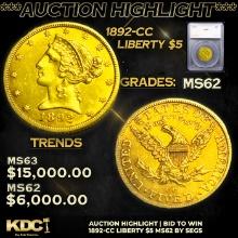 ***Auction Highlight*** 1892-cc Gold Liberty Half Eagle $5 Graded ms62 BY SEGS (fc)