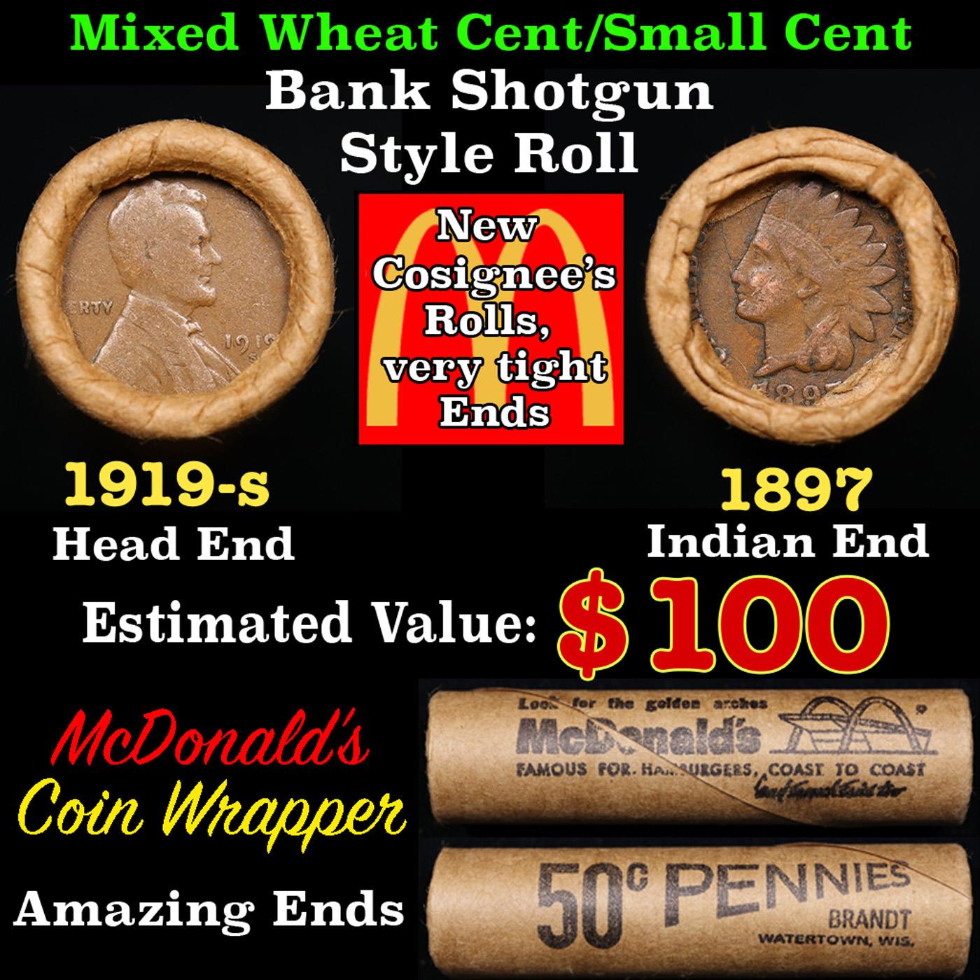 Small Cent 1c Mixed Roll Orig Brandt McDonalds Wrapper, 1919-s Wheat end, 1897 Indian other end