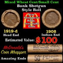 Lincoln Wheat Cent 1c Mixed Roll Orig Brandt McDonalds Wrapper, 1919-d end, 1908 Indian other end