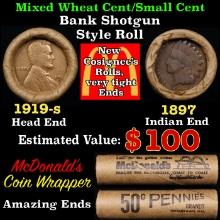 Small Cent Mixed Roll Orig Brandt McDonalds Wrapper, 1919-s Lincoln Wheat end, 1897 Indian other end