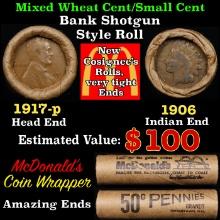 Small Cent Mixed Roll Orig Brandt McDonalds Wrapper, 1917-p Lincoln Wheat end, 1906 Indian other end