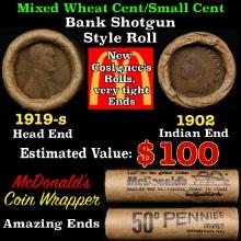 Small Cent Mixed Roll Orig Brandt McDonalds Wrapper, 1919-s Lincoln Wheat end, 1902 Indian other end