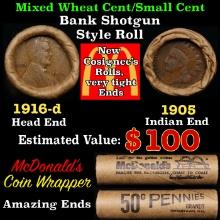 Small Cent Mixed Roll Orig Brandt McDonalds Wrapper, 1916-d Lincoln Wheat end, 1905 Indian other end