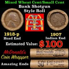 Small Cent Mixed Roll Orig Brandt McDonalds Wrapper, 1918-p Lincoln Wheat end, 1907 Indian other end