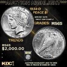 ***Auction Highlight*** 1934-d Peace Dollar 1 Graded GEM Unc By USCG (fc)