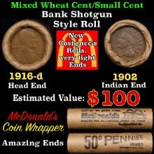 Small Cent Mixed Roll Orig Brandt McDonalds Wrapper, 1916-d Lincoln Wheat end, 1902 Indian other end