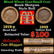 Small Cent Mixed Roll Orig Brandt McDonalds Wrapper, 1919-p Lincoln Wheat end, 1903 Indian other end