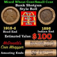 Small Cent Mixed Roll Orig Brandt McDonalds Wrapper, 1915-d Lincoln Wheat end, 1895 Indian other end