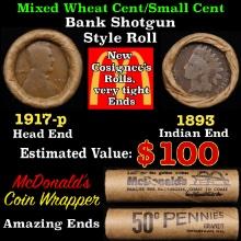 Small Cent Mixed Roll Orig Brandt McDonalds Wrapper, 1917-p Lincoln Wheat end, 1893 Indian other end