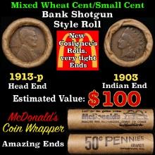 Small Cent Mixed Roll Orig Brandt McDonalds Wrapper, 1913-p Lincoln Wheat end, 1903 Indian other end