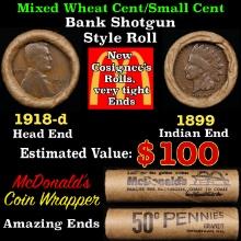 Small Cent Mixed Roll Orig Brandt McDonalds Wrapper, 1918-d Lincoln Wheat end, 1899 Indian other end
