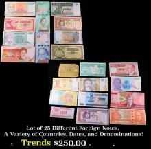 Lot of 25 Different Foreign Notes, A Variety of Countries, Dates, and Denominations!