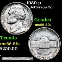 1980-p Jefferson Nickel 5c Grades GEM+ 5fs