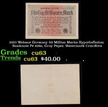 1923 Weimar Germany 50 Million Marks Hyperinflation Banknote P# 109a, Gray Paper, Watermark Crucifer