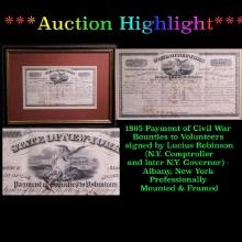 ***Auction Highlight*** 1865 Payment of Civil War Bounties to Volunteers signed by Lucius Robinson (