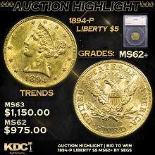 ***Auction Highlight*** 1894-p Gold Liberty Half Eagle $5 Graded ms62+ By SEGS (fc)