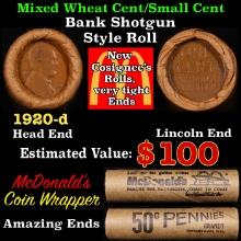 Mixed small cents 1c orig shotgun roll, 1920-d Lincoln Cent, Wheat Cent other end, McDonalds Brandt