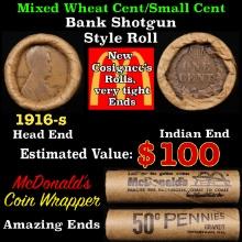Mixed Small Cents 1c Orig shotgun Roll, 1916-s Lincoln Cent, Indian Cent Other End, McDonalds Brandt