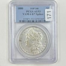 Certified 1880 TOP 100 VAM 6 8/7 spikes U.S. Morgan silver dollar