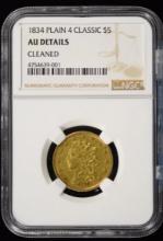 1834 $5 Gold Classic Plain 4 NGC AU Details