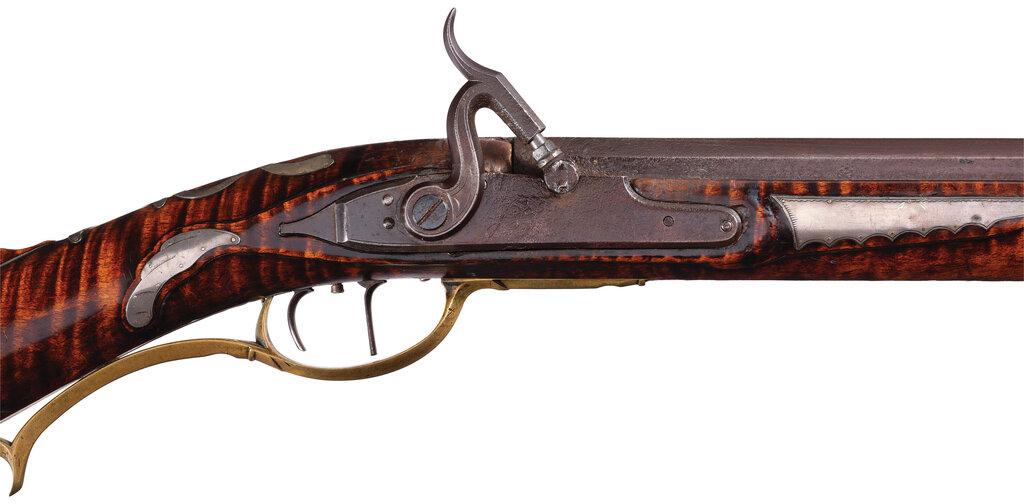 "JS" Signed, Silver Inlaid, and Carved Bedford Percussion Rifle